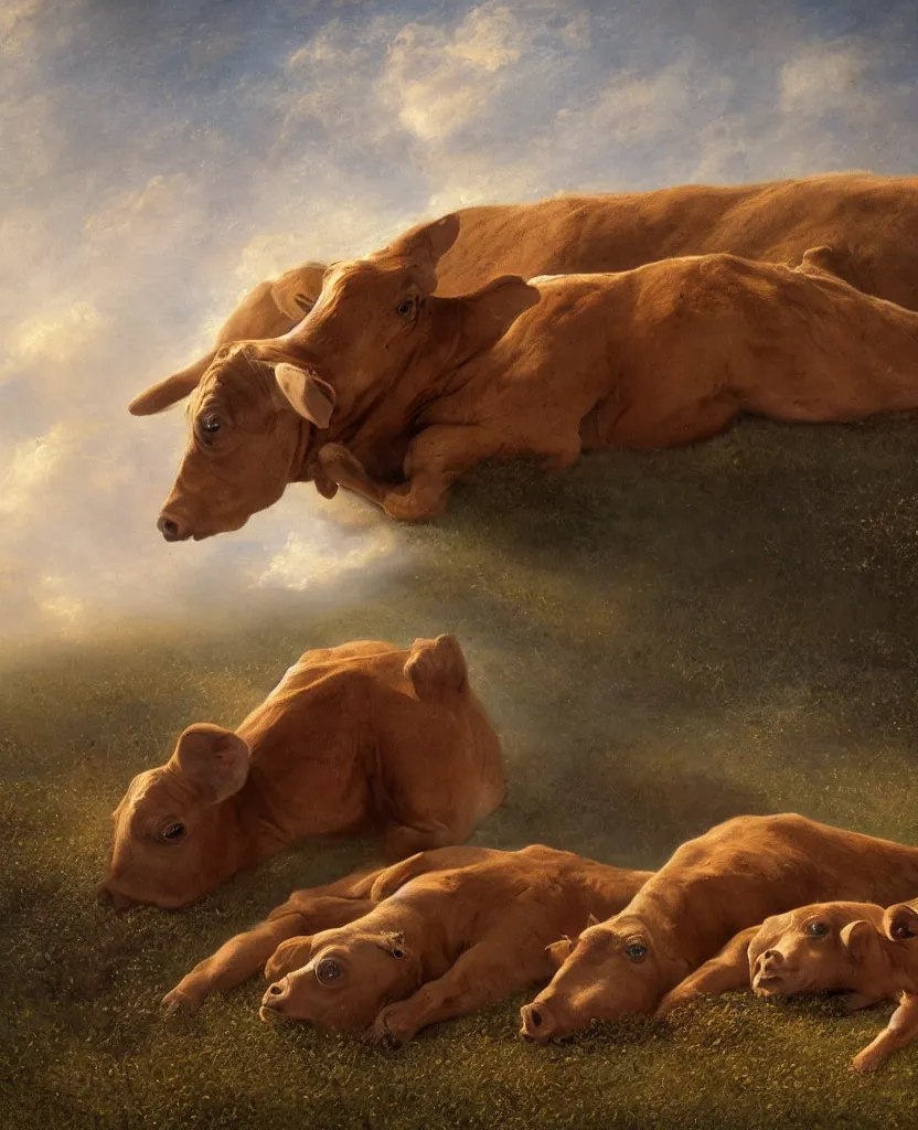 Prompt: a two headed brown calf ( ( laying down alone ) ) in a pasture, windy, stoic, modern, cgsociety, hyperdetailed, dramatic, stars, epic painting, shooting stars, painted by jean honore fragonard and greg rutkowski, full body, octane render, sharpness, 8 k, golden ratio