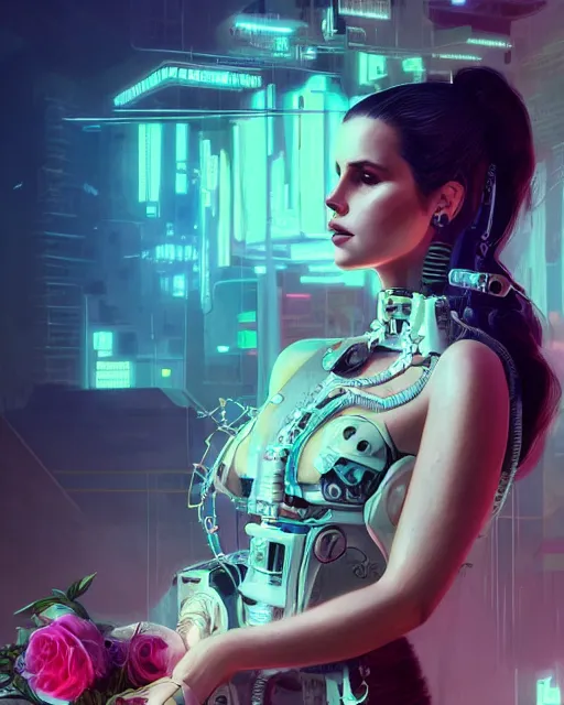 Image similar to portrait of lana del rey as a cyberpunk cyborg. roses, sci - fi, missing panels, intricate abstract upper body intricate artwork, by tooth wu, wlop, beeple, dan mumford. concept art, octane render, deviantart, greg rutkowski, cinematic, key art, hyperrealism, iridescent accents