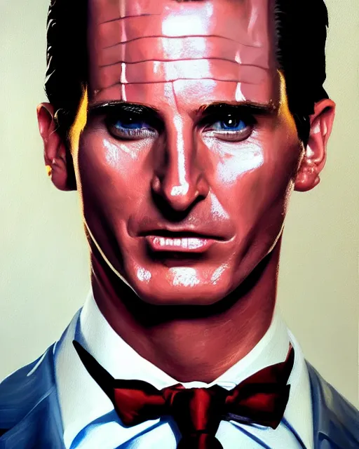 Image similar to oil painting portrait of patrick bateman christian bale american psycho, cinematic lighting, high production value, intricate details, high resolution, hdr, high definition, masterpiece, realistic, ultrarealistic, highly detailed, hd, sharp focus, non blurry, sharp, smooth