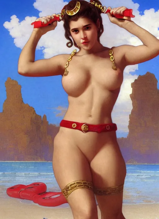 Prompt: portrait Slave Leia as sea lifeguard on the beach, full length shot, shining, 8k highly detailed, sharp focus, illustration, art by artgerm, mucha, bouguereau