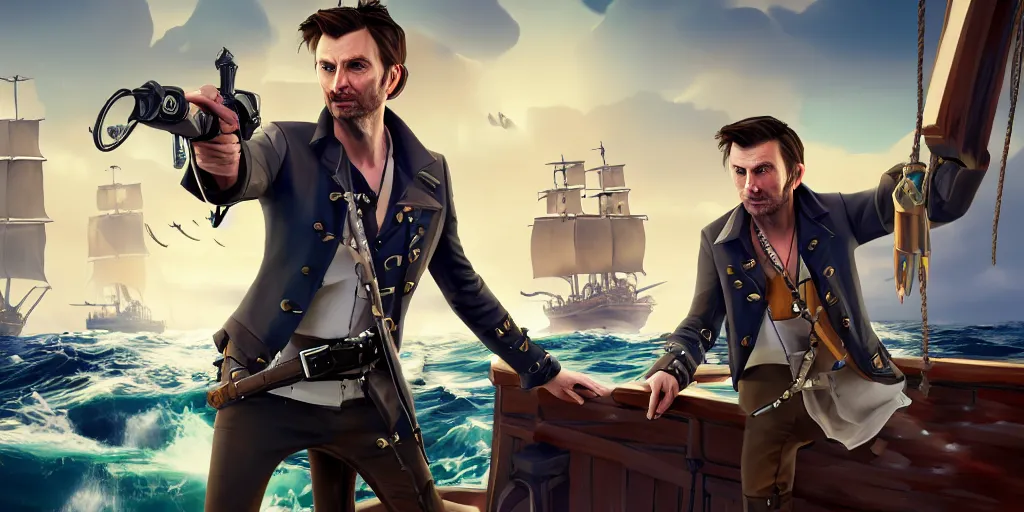 Prompt: david Tennant in the Sea of thieves, long shot, alone on the ship, ultra detailed, sharp focus, art by artgerm, 8k, game wallpaper, hyperrealistic