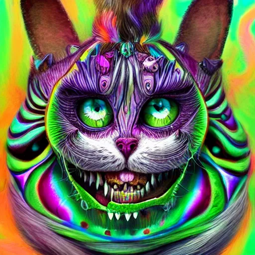 Image similar to An extremely psychedelic portrait of The Cheshire Cat, surreal, LSD, face, detailed, intricate, elegant, lithe, highly detailed, digital painting, artstation, concept art, smooth, sharp focus, illustration