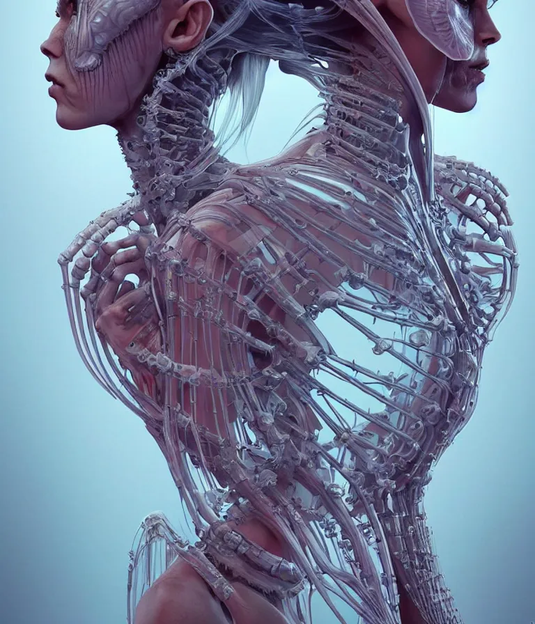 Image similar to fully symmetrical centered portrait of a beautiful princess in robe. artificial muscles, ribcage, bones, hard surface modelling. cyberpunk look. biomechanical mask. bio luminescent biomechanical halo around head. jellyfish. artwork by jarold Sng by artgerm, by Eddie Mendoza, by Peter mohrbacher by tooth wu by alfons mucha, unreal engine, octane render, cinematic light, iridescent details, iridescent colors, dichroic, macro, depth of field, blur