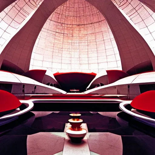 Image similar to interior of a futuristic lotus temple space station with gold, red and white marble panels, by buckminster fuller and syd mead, intricate contemporary architecture, photo journalism, photography, cinematic, national geographic photoshoot