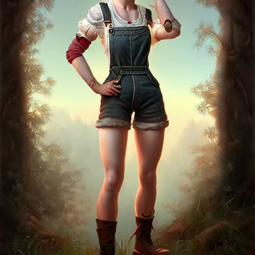 Prompt: full body pose, ciri, torn overalls, short shorts, combat boots, beautiful, highly detailed face, true anatomy!, extremely detailed!, digital painting, unreal engine 5, art by tom bagshaw