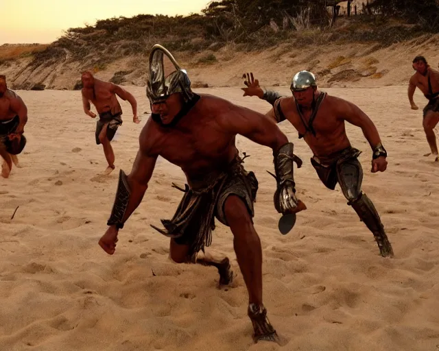 Image similar to spartan sprinting on australian beach, epic award winning action cinematic still from the movie 3 0 0, noon lighting, unarmed