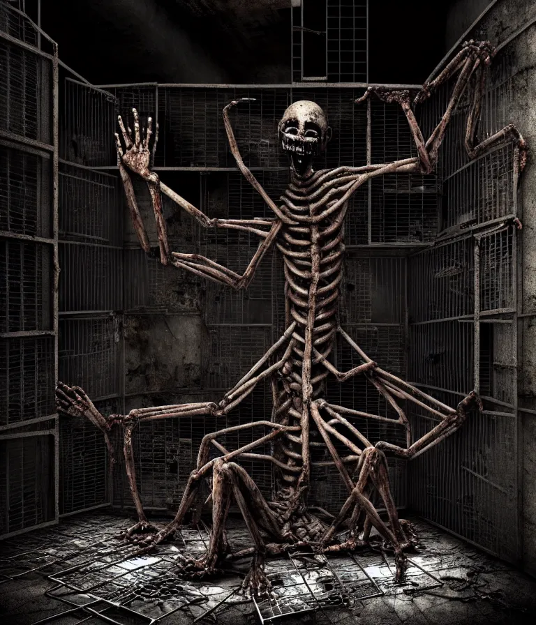 Image similar to Creepy huge suffering humanoid with long limbs sits on the floor and looks at the little old TV. An underground very dark gloomy multi-layered structure of rusty thick iron grates, dense chain-link fencing and peeling walls. Inside view, collapsed floors, bent rusted iron, masterpiece, black background, corners, cinematic, hyperdetailed, photorealistic, hyperrealism, octane render, 8k, depth of field, bokeh, architecture, shadows, art by Zdzisław Beksiński, Dariusz Zawadzki