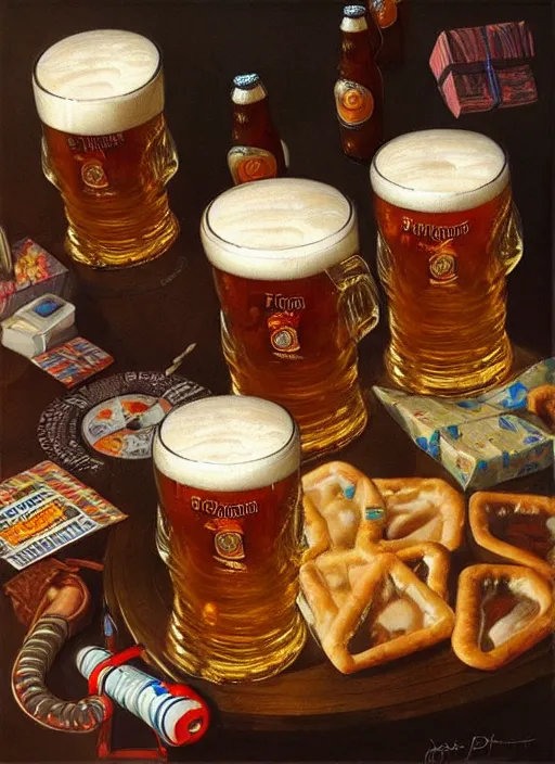 Prompt: large pint in octoberfest invite card, beer glasses, modern dj set, strudels and birthday presents surrounded by presents, realistic, highly detailed, digital illustration, trending in artstation, classical painting, smooth, sharp focus art by ilya repin