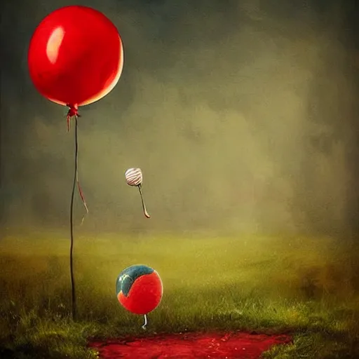 Prompt: surrealism grunge cartoon landscape painting of a cartoon bunny and a red balloon by - michal karcz, loony toons style, pennywise style, horror theme, detailed, elegant, intricate