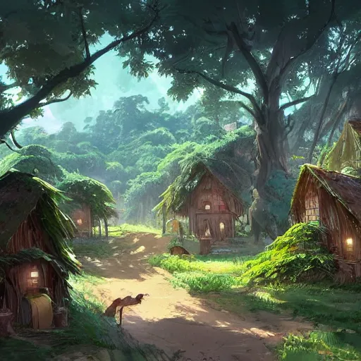 Prompt: concept art painting of a forest village with houses made of trees and roots, houses inside trees, vines, deep forest, realistic, detailed, cel shaded, in the style of makoto shinkai and greg rutkowski and james gurney