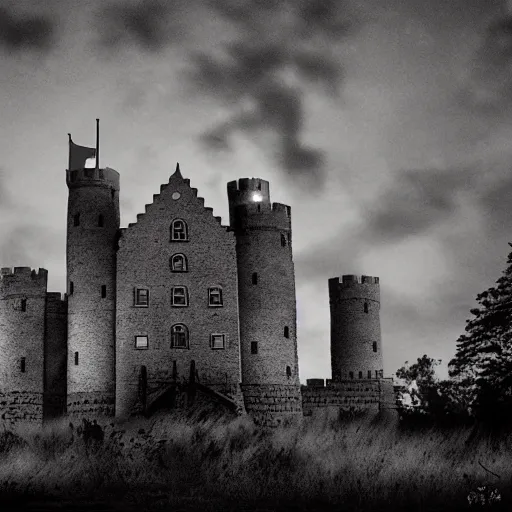 Image similar to castle made of ash, cinematic, realistic, dark, night, glow, goth,