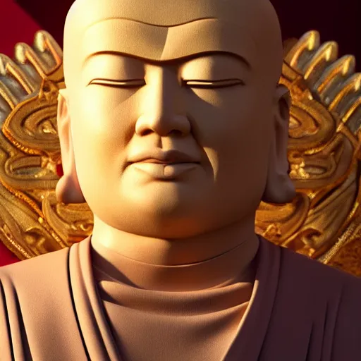 Image similar to a high detail shot of Donald Trump meditating in a Buddhist Temple, render, cgsociety, photorealism