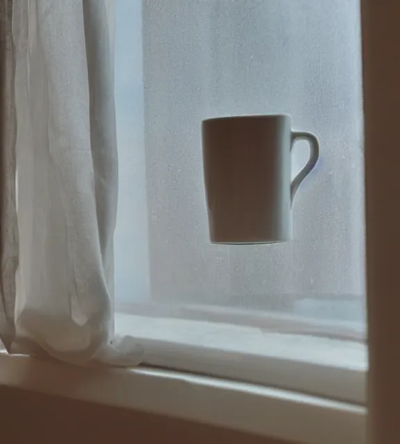 Image similar to a 4 k photorealistic photo close up of a mug on a sunny windowsill.