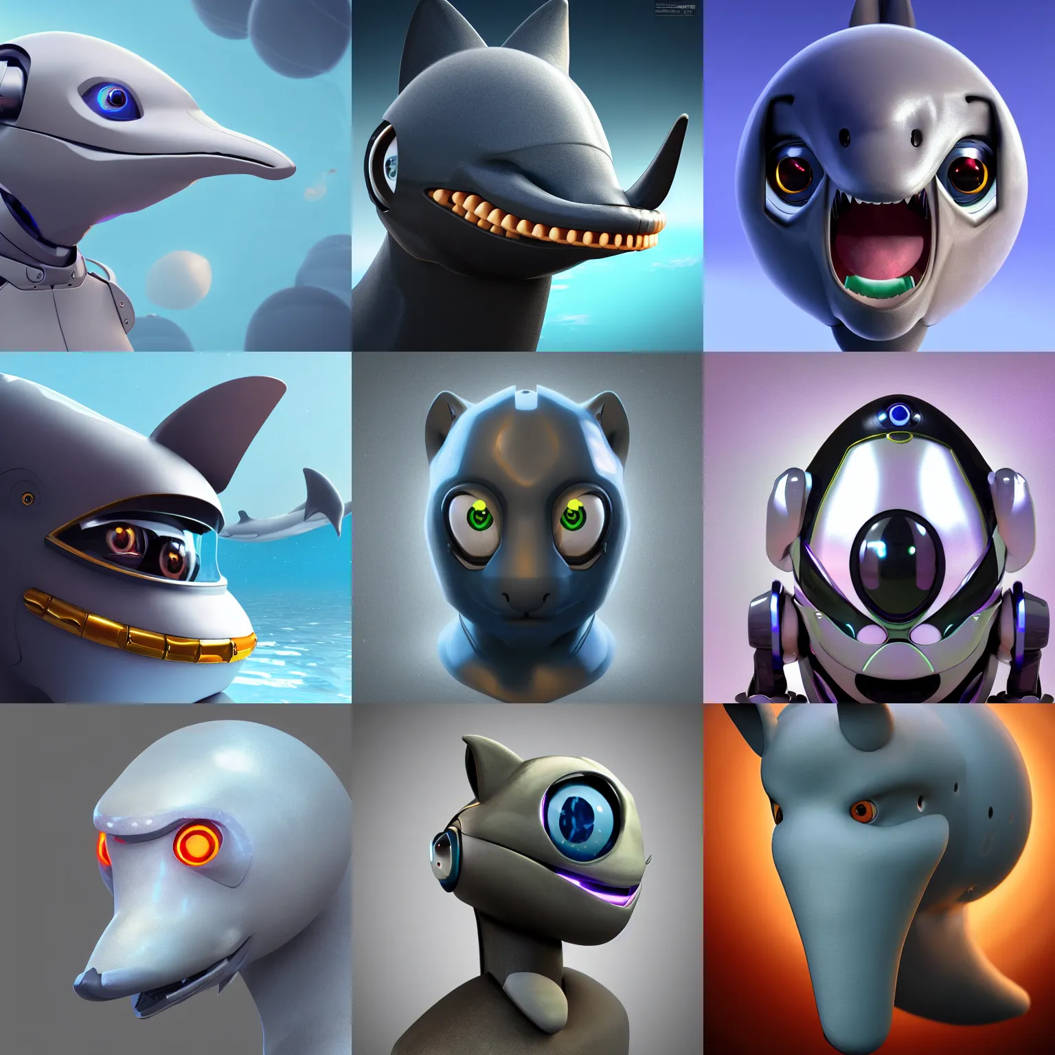 Prompt: furry art, bust profile picture of a robotic dolphin, large eyes, round shapes, commission on furaffinity, cgsociety, octane render