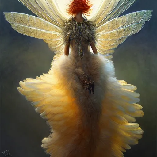 Image similar to feathered bird, covered in feathers, wings, flying, surreal, fantasy, intricate, elegant, dramatic lighting, emotionally evoking symbolic metaphor, highly detailed, lifelike, photorealistic, digital painting, artstation, concept art, smooth, sharp focus, illustration, art by John Collier and Krenz Cushart and Artem Demura and Alphonse Mucha and Albert Aublet