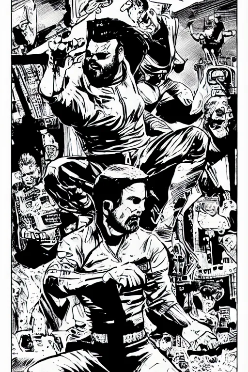 Image similar to billy mays action pose, a page from cyberpunk 2 0 2 0, style of paolo parente, style of mike jackson, adam smasher, johnny silverhand, 1 9 9 0 s comic book style, white background, ink drawing, black and white, colouring pages