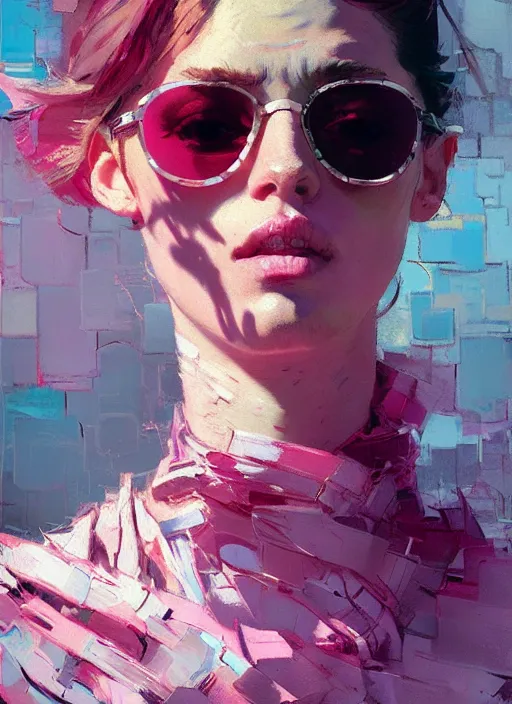 Image similar to portrait of a beautiful girl, eyes closed, open mouth, shades of pink, beautiful face, rule of thirds, intricate outfit, spotlight, by greg rutkowski, by jeremy mann, by francoise nielly, by van gogh, digital painting