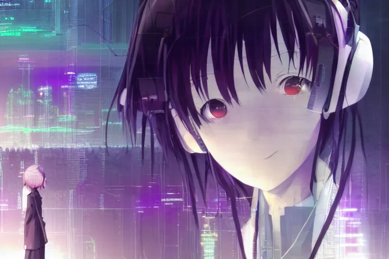 Image similar to serial experiments lain, wired landscape, cyberpunk, volumetric lighting, digital art, anime background, violet colour palette, very detailed faces, art by range murata and yasuyuki ueda