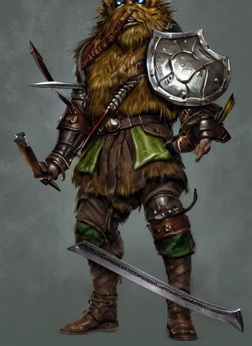 Image similar to strong young man, photorealistic bugbear ranger holding sword, fire magic, black beard, dungeons and dragons, pathfinder, roleplaying game art, hunters gear, jeweled ornate leather and steel armour, concept art, character design on white background, by norman rockwell, makoto shinkai, kim jung giu, artstation trending, poster art, colours red and green