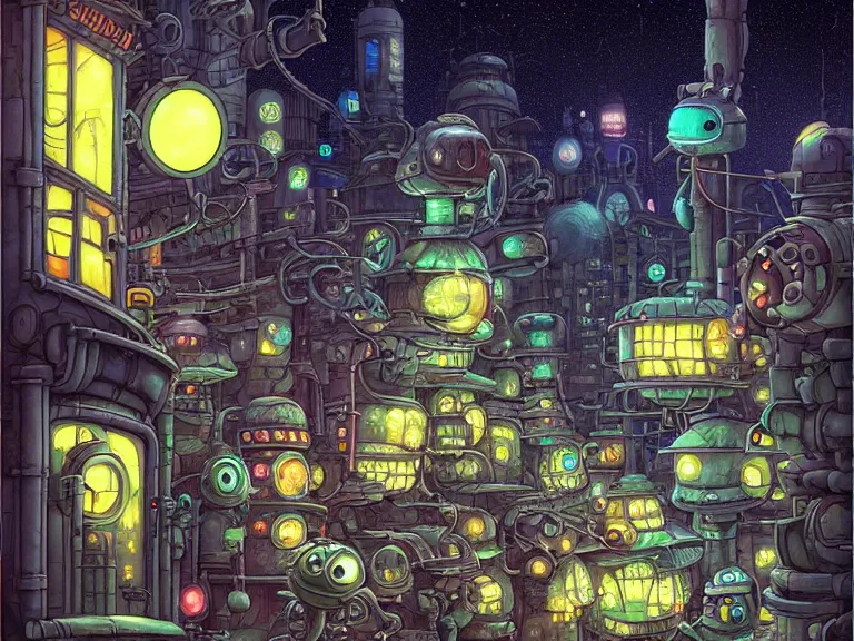 Prompt: fantasycore street view of futuristic machinarium tokyo at night by michael whelan and naomi okubo and dan mumford. cute ver.ka mecha machinarium robots. cel-shaded. glossy painting.