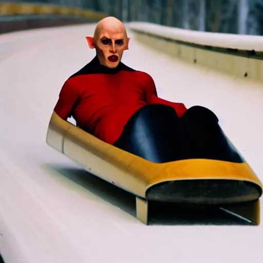 Prompt: portrait of nosferatu is doing bobsleigh alone, sport photography