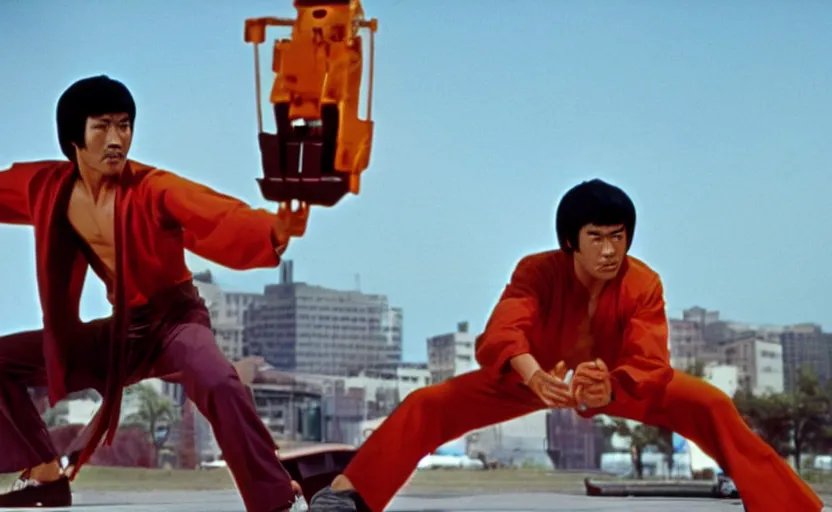 Image similar to 7 0 s movie still of bruce lee with mechanical robotic arms, kodachrome, cinecolor, cinestill, highly detailed, photorealistic, cinematic, film grain,