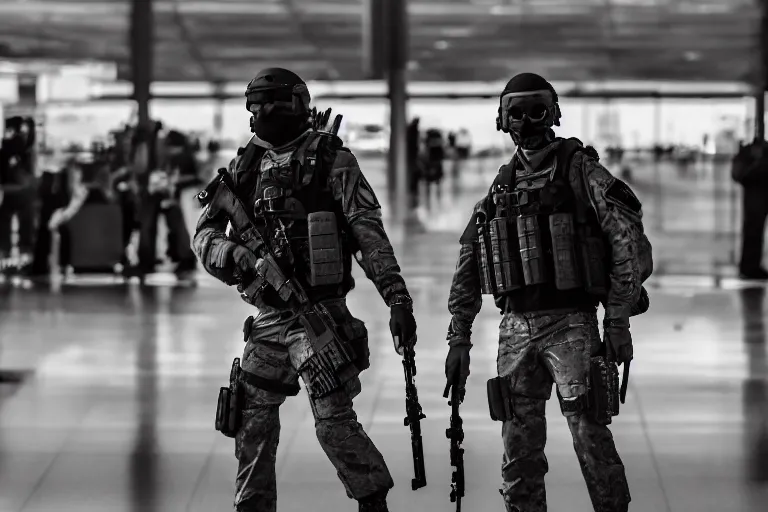 Image similar to Mercenary Special Forces soldiers in grey uniforms with black armored vest and black helmets fighting inside an airport in 2022, Canon EOS R3, f/1.4, ISO 200, 1/160s, 8K, RAW, unedited, symmetrical balance, in-frame, combat photography