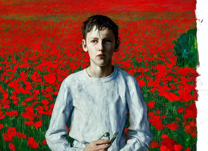 Prompt: portrait of nervous boy with acoustic guitar standing next, field of poppies, hernan bas and pat steir and hilma af klint, psychological, photorealistic, dripping paint, washy brush, rendered in octane, altermodern, masterpiece