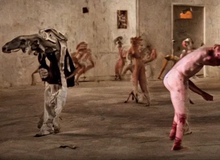 Prompt: a violent dance scene from a feature film by matthew barney, alejandro jodorowsky, roger ballen and wes anderson : : retro futurism, pagan occultism, sideshow circus : : anamorphic lens, kodakchrome : : 8 k
