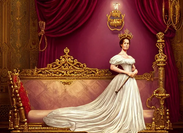 Image similar to a victorian agebthrone romm with emily blunt as queen on the throne, jewelry, greek, ruby, victorian age, 1 8 9 0, intricate, headshot, key visual, conceptart, ambient lighting, highly detailed, digital painting, artstation, concept art, sharp focus, by makoto shinkai and akihiko yoshida and greg manchess