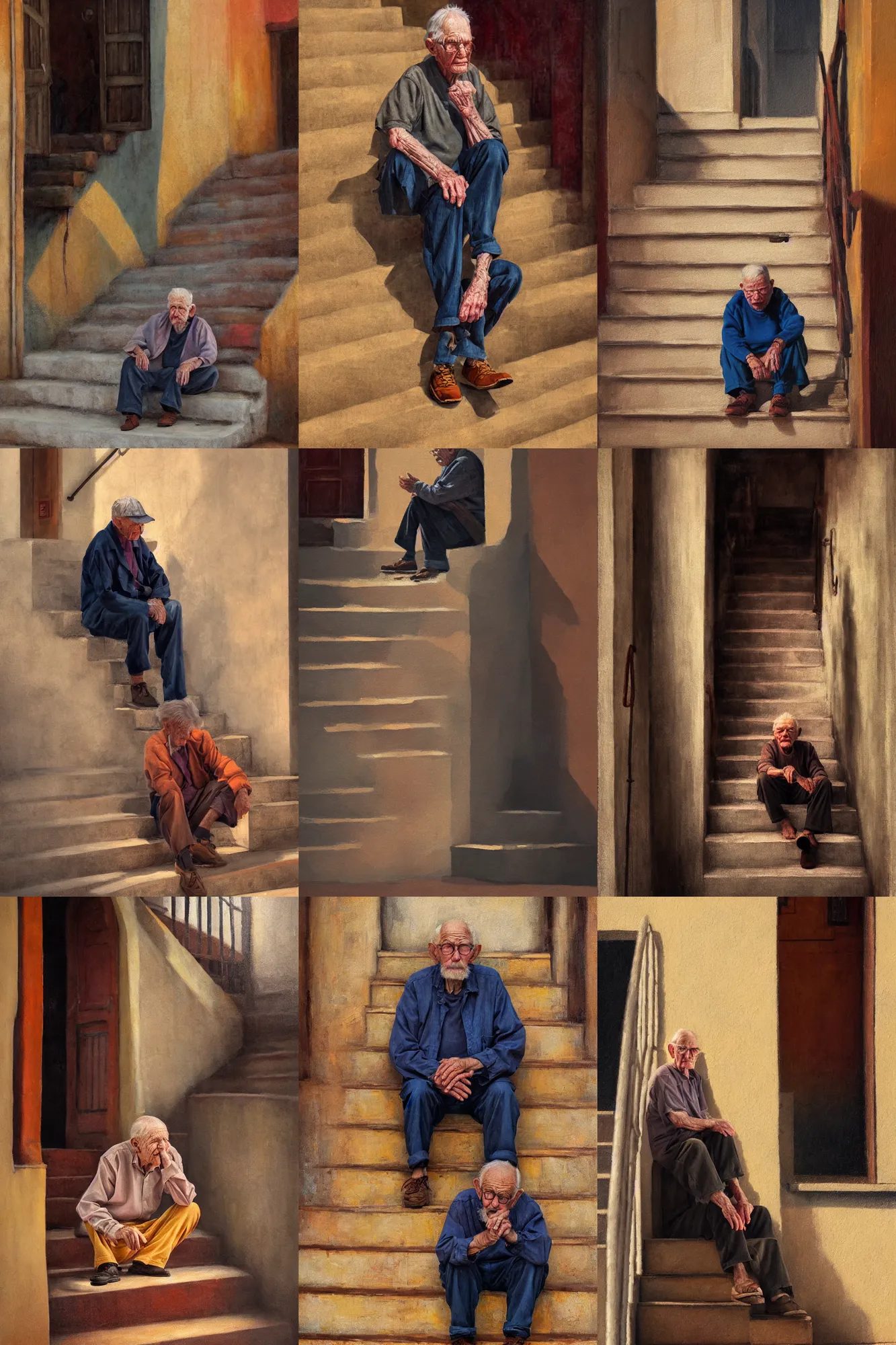 Prompt: old man sitting on the stairs in the village warm colors, soft lighting, atmospheric, cinematic, moody, in the style of diego koi, gina heyer, luiz escanuela. art by alyssa monk, hyperrealism, rule of thirds, oil on canvas, 8 k