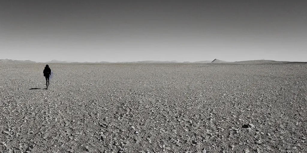 Image similar to a wide angle shot of a solitary hiker walking through a dessert, vision quest