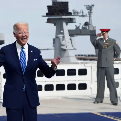 Image similar to Joe Biden on an aircraft carrier giving a speech, HD, 8K photo