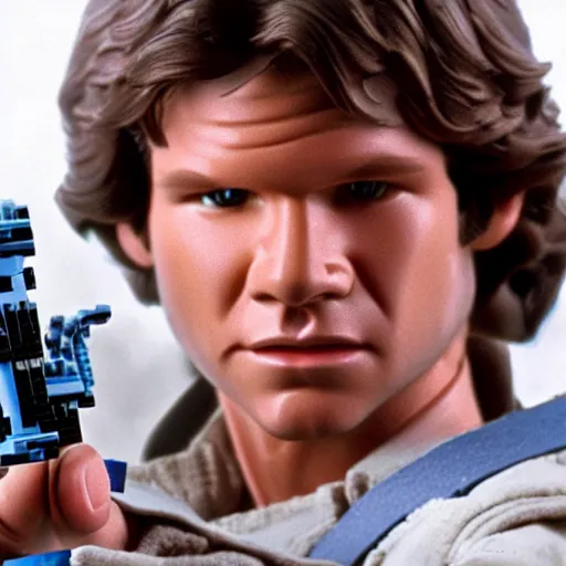 Image similar to han solo holding a blue lightsaber lego figure