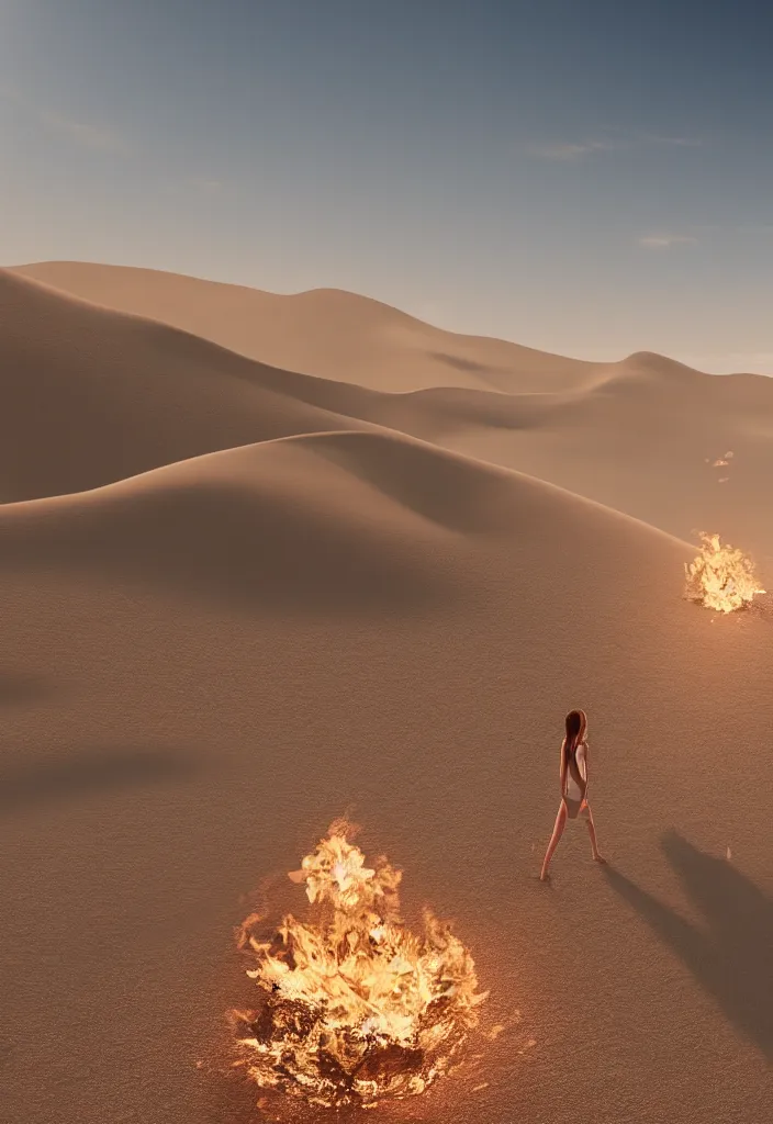 Image similar to realistic photo of a person burning on the balcony, desert dunes in the background, big sun in the sky, realistic, soft natural volumetric lighting, beautifully detailed 4 k octane render, 4 k post processing 8 k