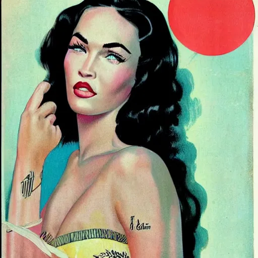Image similar to “Megan Fox portrait, color vintage magazine illustration 1950”