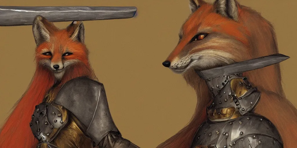 Prompt: anthropomorphic fox who is a medieval knight by ladislas starevich