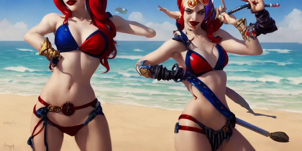 Image similar to photography of harley quinn in bikini at the beach, deep focus, d & d and mtg, fantasy, intricate, elegant, highly detailed, digital painting, artstation, concept art, matte, sharp focus, illustration, hearthstone, art by artgerm and greg rutkowski and alphonse mucha