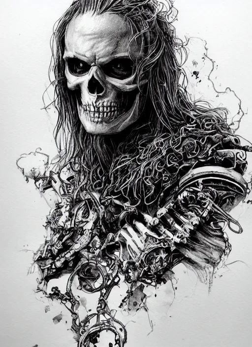 Prompt: portrait, Long haired biker skeleton in a wheelchair, has tattoos, watercolor, dramatic lighting, cinematic, establishing shot, extremely high detail, foto realistic, cinematic lighting, pen and ink, intricate line drawings, by Yoshitaka Amano, Ruan Jia, Kentaro Miura, Artgerm, post processed, concept art, artstation, matte painting, style by eddie mendoza, raphael lacoste, alex ross