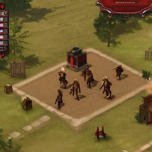 Prompt: Red Read Redemption 2 as an isometric real time strategy game from 2008, in game screenshot
