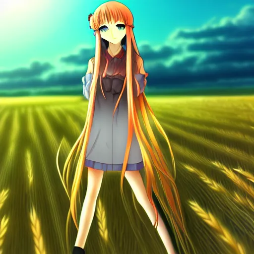 Image similar to anime illustration of Holo from Spice and Wolf standing in a wheat field at sunset, Holo is a wolf girl, high detail, trending on pixiv