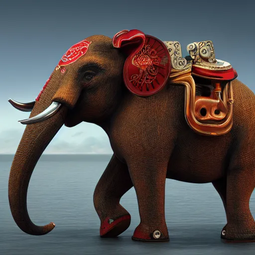 Image similar to red elephant with wheels instead of feet driving on the Pacific ocean, highly detailed, 8k, bordering on artstation,