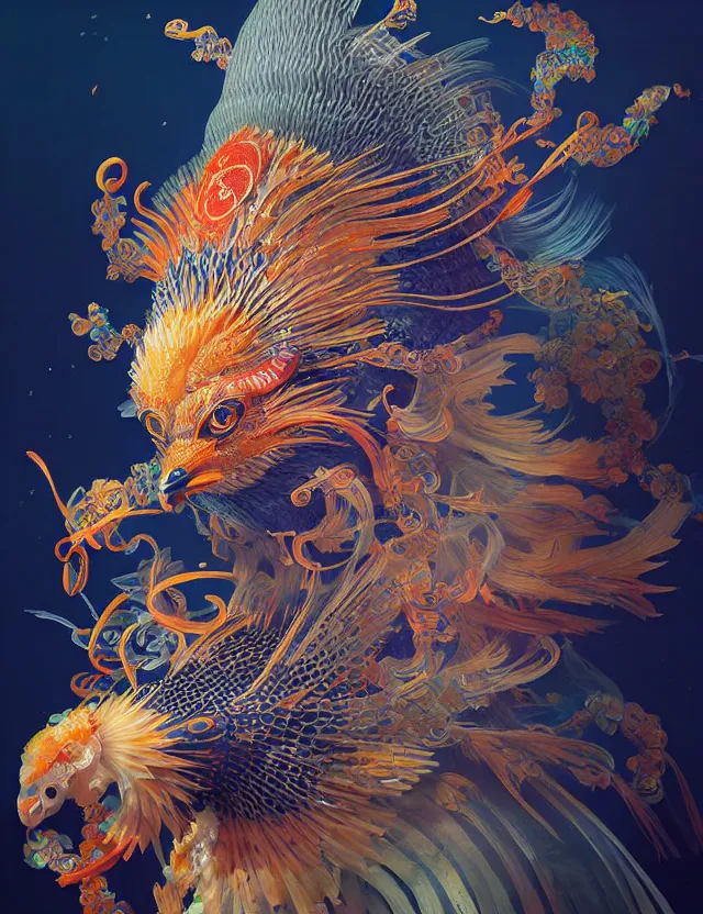 Image similar to 3 d shaman portrait. beautiful intricately detailed japanese crow kitsune mask and clasical japanese kimono. betta fish, jellyfish phoenix, bio luminescent, plasma, ice, water, wind, creature, artwork by tooth wu and wlop and beeple and greg rutkowski