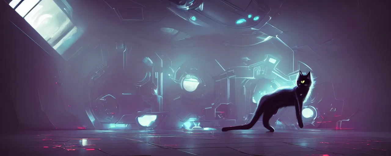 Image similar to duotone noir scifi concept illustration of black cat inside box zero gravity glowing 3 d mesh quantum portals, glowing eyes, octane render, surreal atmosphere, volumentric lighting. accidental renaissance. by sachin teng and sergey kolesov and ruan jia and heng z. graffiti art, scifi, fantasy, hyper detailed. trending on artstation