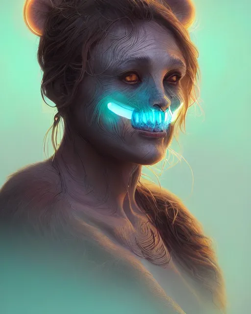 Prompt: portrait of a cute female bear, bioluminescent, veins, horror, happy, highly detailed, digital painting, cinematic, hyperrealism, dark retrowave, art by stanley lau and artgerm and magali villeneuve and alphonse mucha, artstation, octane render, cgsociety