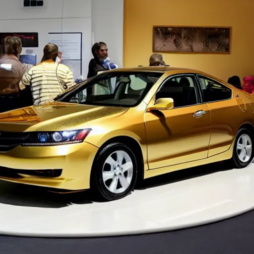 Image similar to A 24 karat gold Honda Accord on display at an auction.