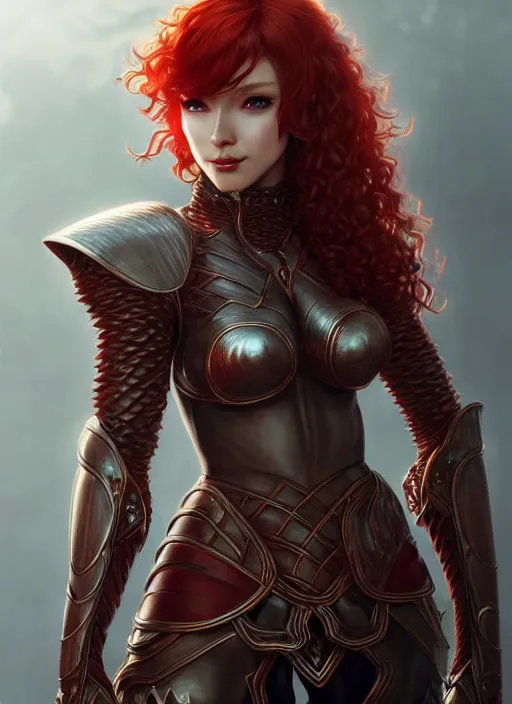 Image similar to leather armor!!! beautiful and elegant curly red hair female elf!! gorgeous ayes!! character concept art, sharp focus, octane render! unreal engine 5! highly rendered!! trending on artstation!! detailed linework!! illustration by artgerm, wlop, and chie yoshii