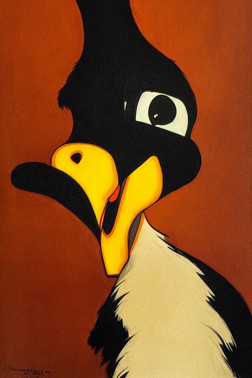 Image similar to a closer personal portrait of daffy duck with very piercing eyes, very charismatic. in the old ancient luxor temple. masterpiece, dark. painted by norman rockwell and james gurney