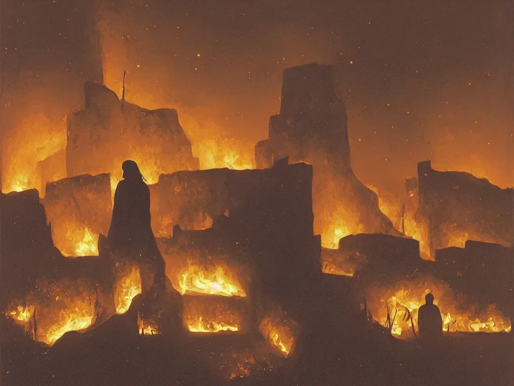 Prompt: Woman looking at her home burning. Charred wood beams, thick smoke. Melancholic landscape, stars. Painting by Georges de la Tour, Roger Dean