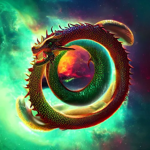 Prompt: 3 d render of the emerald dragon ouroboros god gaving birth to the universe, vortex of creation in the center of the picture epic, masterpiece, digital art, bold shapes, hard edges, vibrant colors, trending on artstation, by kate irwin